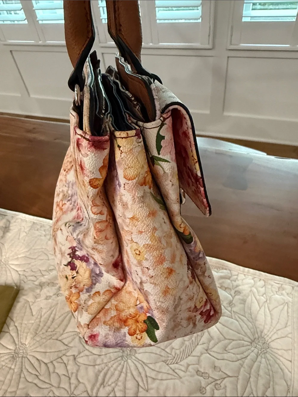 Dana Buchman Floral Multicolor Satchel with Brown Trim